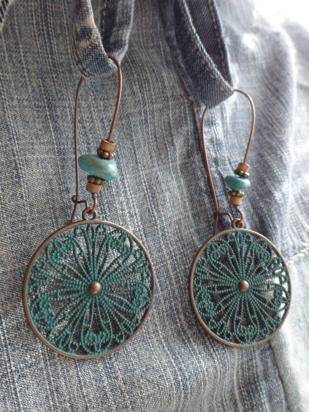 Copper Beaded Turquoise Color Filagree Earrings NWOT - Picture 2 of 4